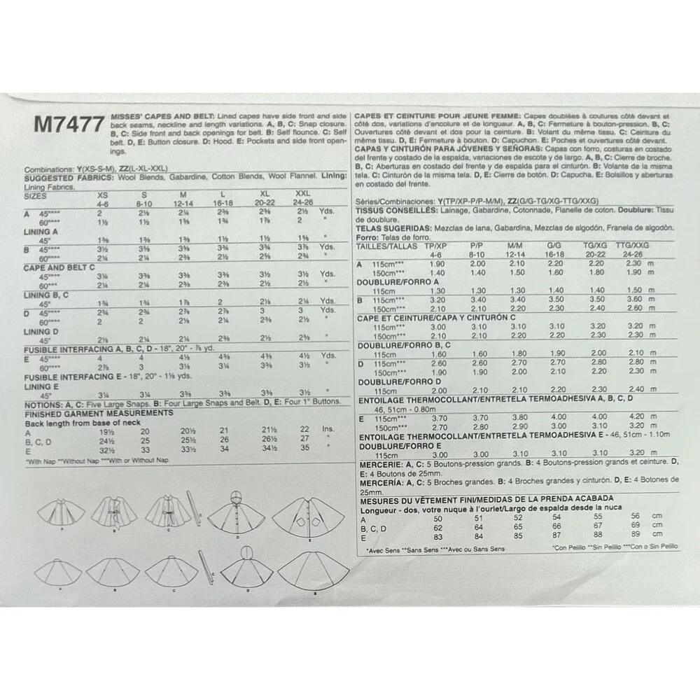 Pattern Misses Sz Y (XS-S-M) Capes & Belt McCall's M7477 New/Uncut